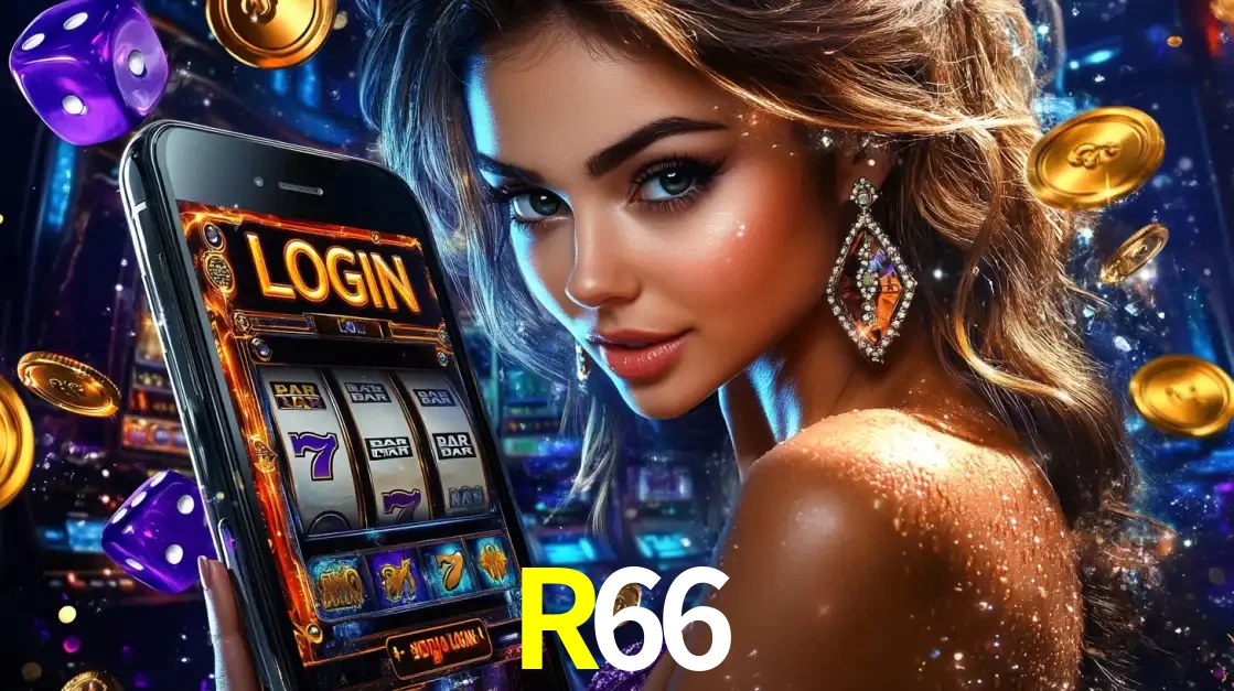 Mulher glamorosa segurando um smartphone com a tela de login para os jogos de caça-níqueis do cassino online R66, com moedas de ouro e dados ao redor.