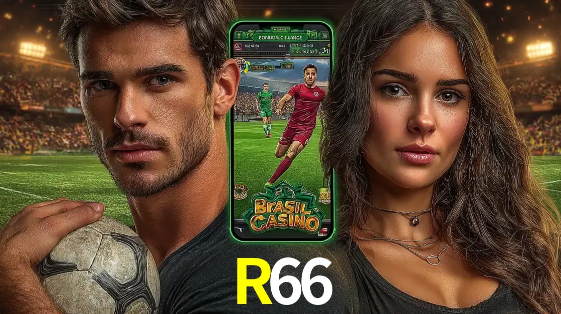 Homem segurando uma bola de futebol e uma mulher ao lado de um smartphone exibindo o jogo de apostas esportivas da R66. Faça seu palpite no cassino online.